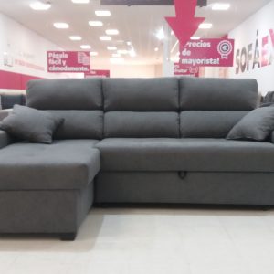 CHAISELONGUE CAMA IZQ. MOD. CANADA TAP. GRIS. RESPALDOS RECLINABLES, ARCON Y DOS POUFFS.